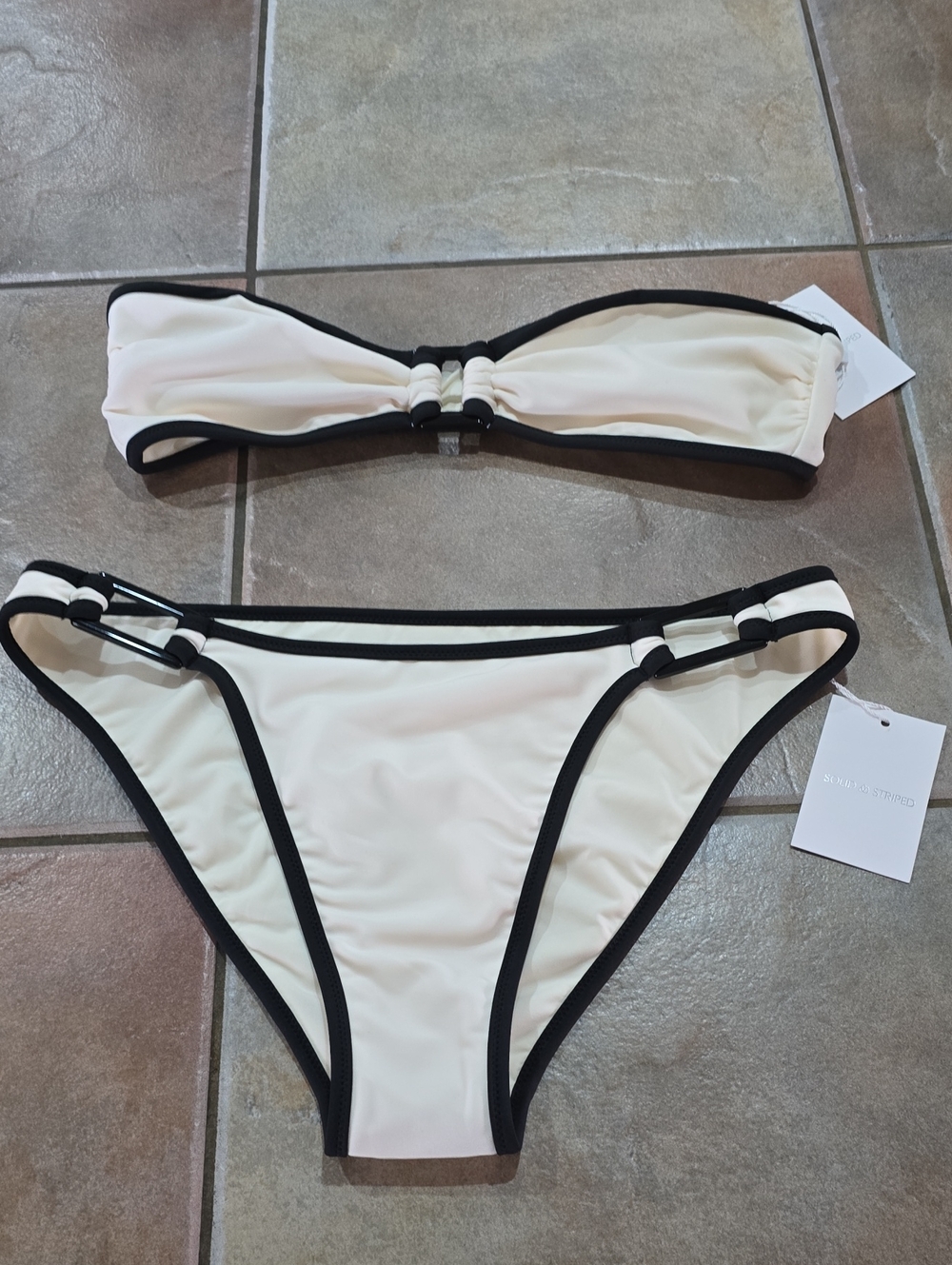 Solid And Striped Cream and Black Banded Bandeau Bikini Set Sz Lg Nwt